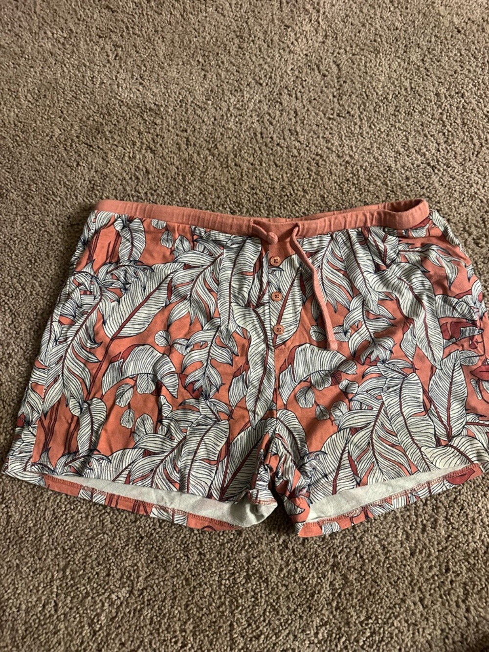 Women's Coral Leaf-Print Drawstring Athletic Shorts